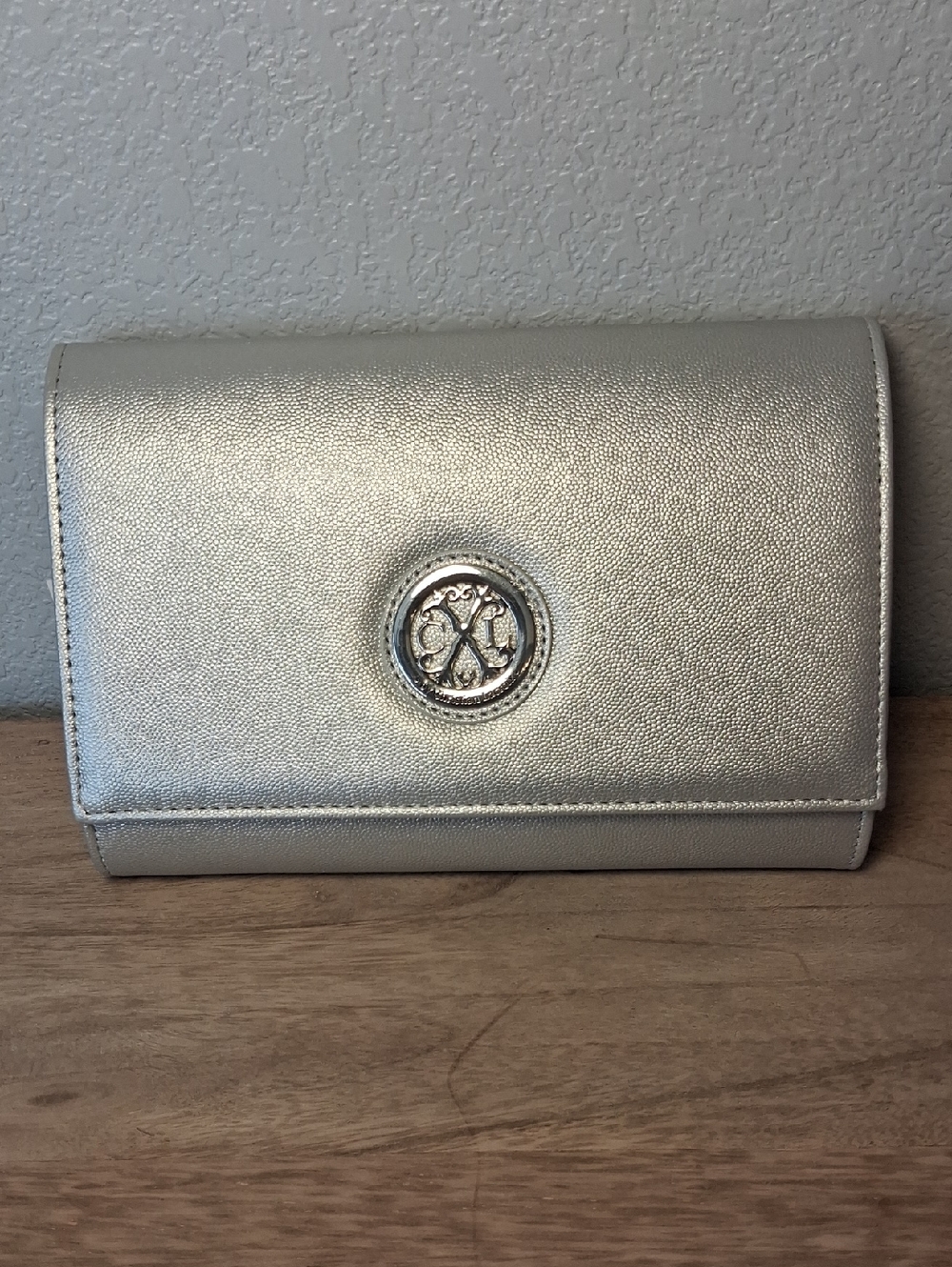 Christian Lacroix Metallic Silver Crossbody Clutch with Logo Medallion